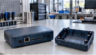 Blue electronic enclosure with an open plastic housing