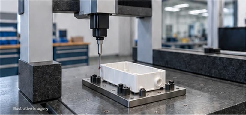 Coordinate measuring machine inspecting a white plastic enclosure, illustrative imagery