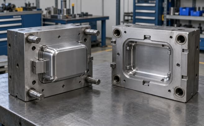 Open steel injection mold showing its core and cavity