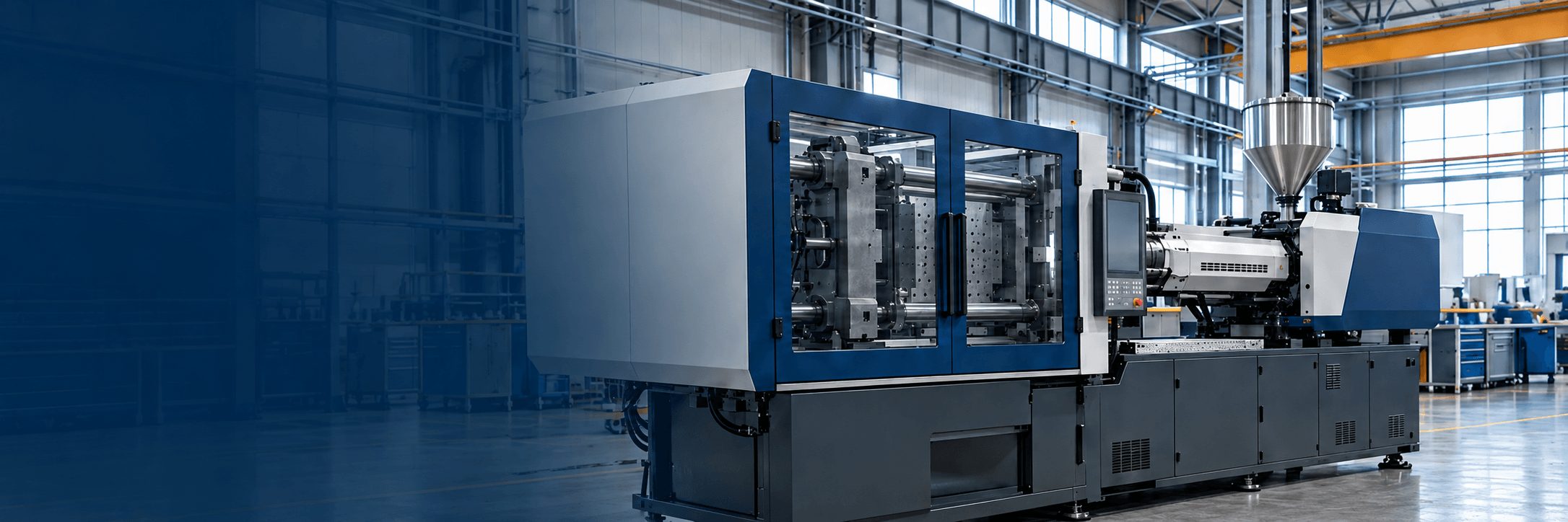 Injection molding machine in an industrial workshop, illustrative image